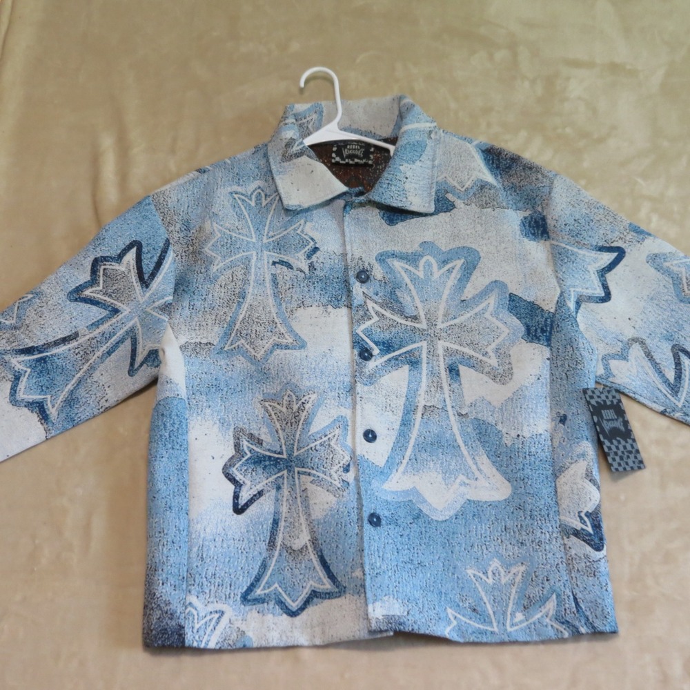 Rebel Vengeance Mens Blue Gothic Cross Tapestry Button Up Shirt Size M NEW